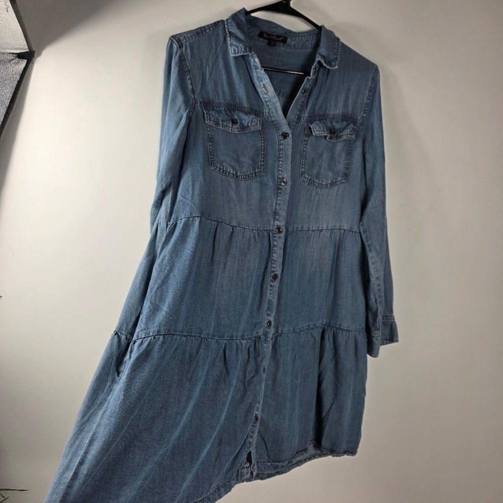 Velvet Heart Denim Tiered Button‎ Front Dress Sz S Long Sleeve Pockets Blue